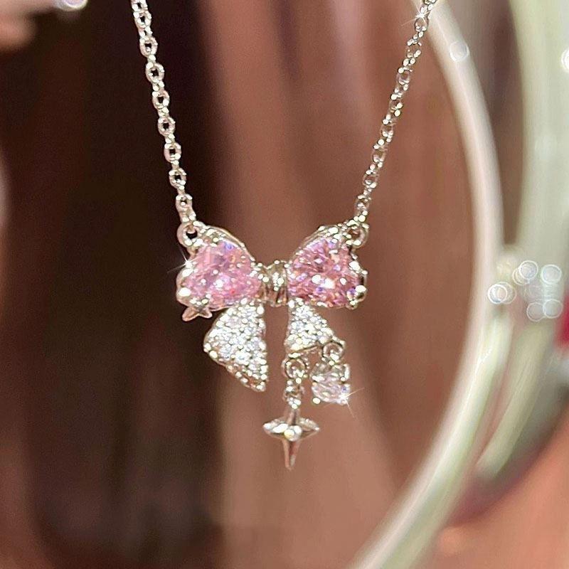 Pink Bow Necklace Student Sweet Cool Girl Collarbone Chain Versatile Premium Summer