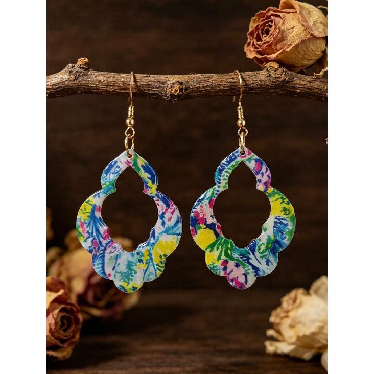 1 Pair Colorful Watercolor Print Hollow Acrylic Dangle Earrings, Exotic Geometric Openwork Design