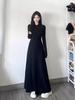 Hepburn-Style Black Long-Sleeve Dress: Elegant French Design for Women - Early Autumn, Flattering Waist-Cinch