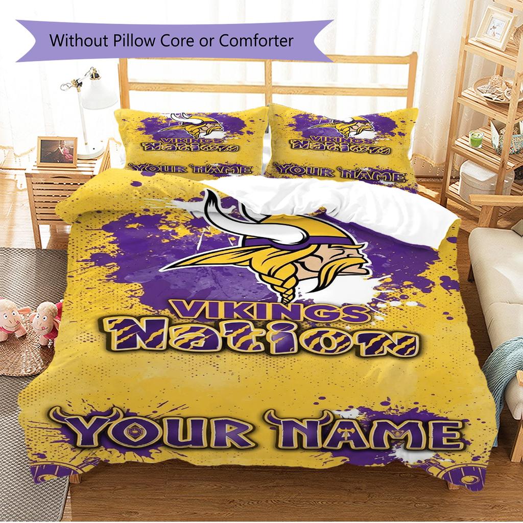 Name Individuell Minnesota Vikings Muster Bettwäsche Set Bettbezug Kissenbezug Heimdekoration Geschenk (1 Bettbezug + 2 Kissenbezüge, ohne Füllung)