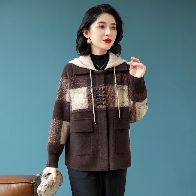 

Кардиган из шерсти с темпераментом для женщин среднего и пожилого возраста на осень и зиму, осенняя одежда для молодой мамы, вязаная шерстяная куртка с капюшоном 4XL коричневый