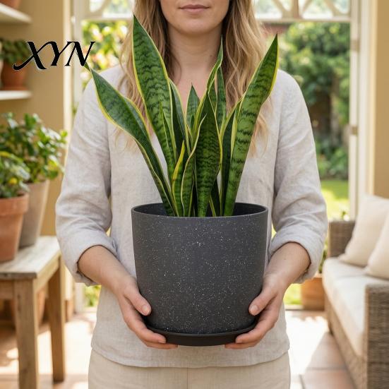 Indoor Planters for Plants Modern Plant Pot with Saucer, Gray Flower Decorative Pots Spaces Drainage Holes, Stone-Look Planter Outdoor Sturdy