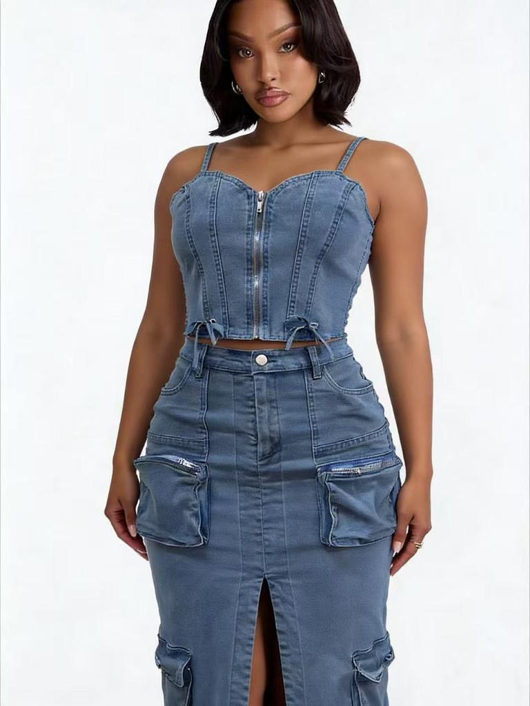 Trendy Sexy Denim Set: Zipper Spaghetti Strap Top & Split Long Skirt with Pockets