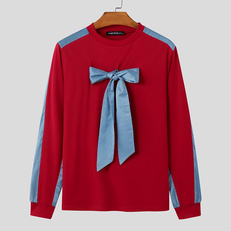 

INCERUN свободные мужские футболки с круглым вырезом и длинным рукавом с бантом и вышивкой 5XL синий