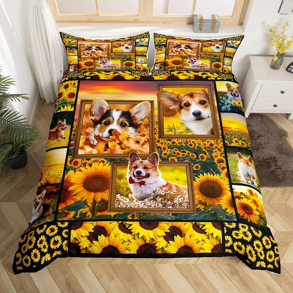 Pug Corgi Shiba Puppy Duvet Cover Set Dog Comforter Cover I Love Dogs Bedding Sets Kawaii Animals Cartoon Bedspreads Full Size