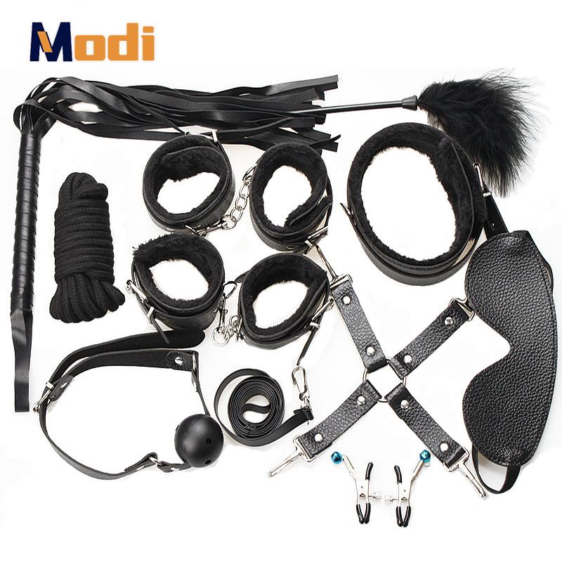 MoDi Bondage Set BDSM Kits Exotic Sex Toys For Adults Games Leather Handcuffs Whip Gag Nipple Clamps Women Sex Products