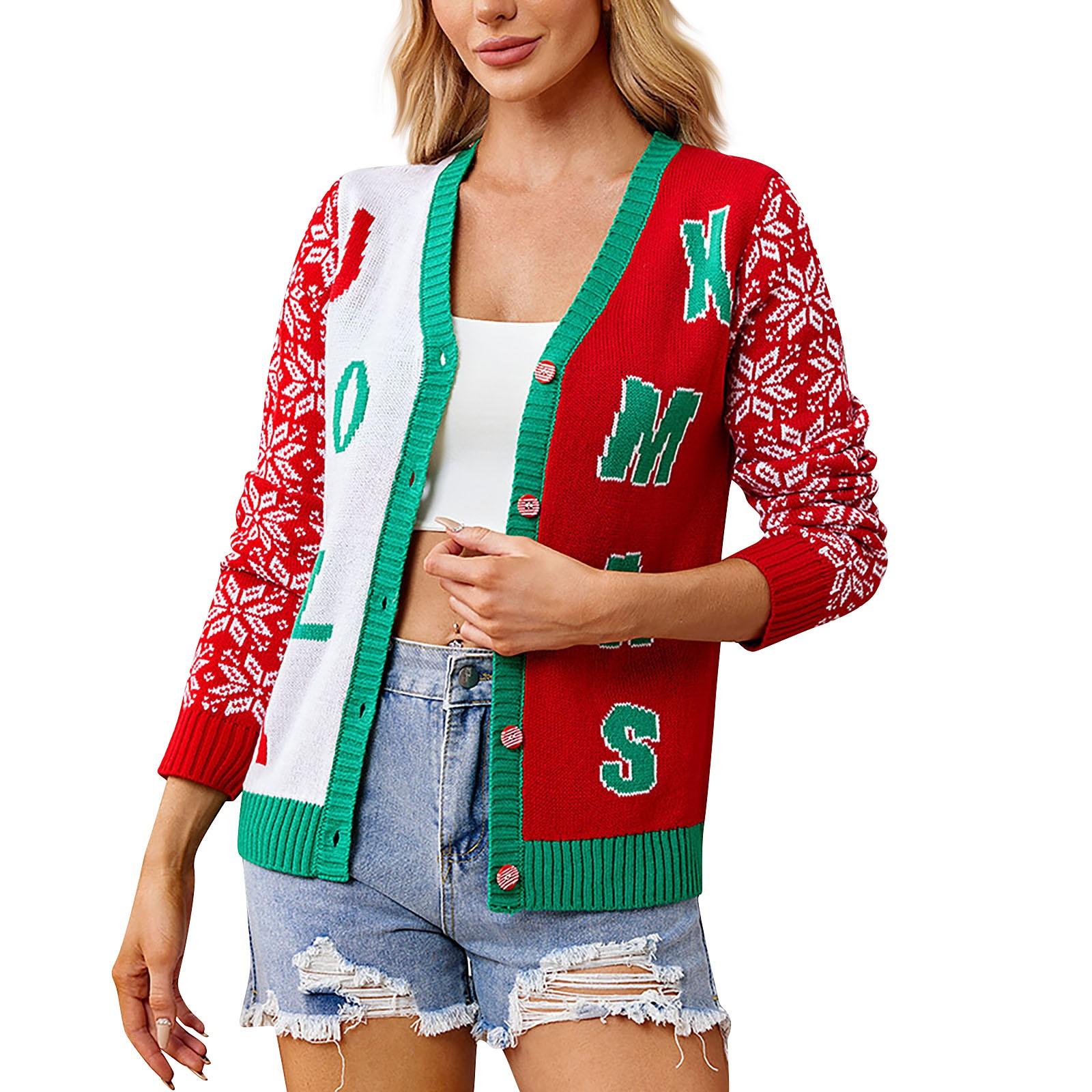 

Женская мода Красный Санта-Клаус Длинный рукав V-образный вырез свитер кардиган XXL красный