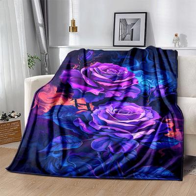 1pc Purple Rose Printing Lightweight Flannel Blanket, Comfortable and Warm Blanket, for Camping Sofa Bed and Couch Office, Gift