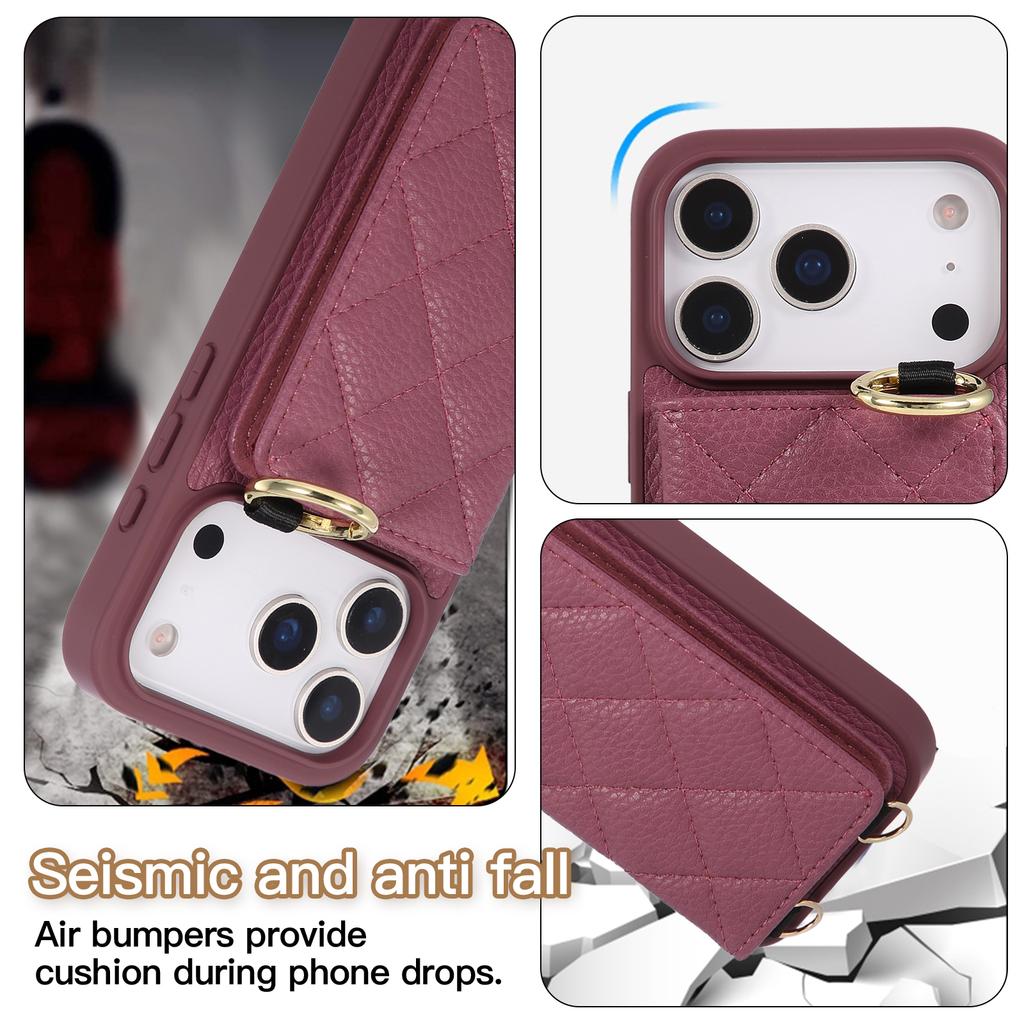 Crossbody Long Lanyard Lychee-patterned Grid Card Holder Phone Case For iPhone 17 Pro Max 16 Plus 15 14 13 12 11 Portable Cover
