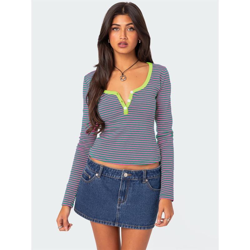 Women S Striped Color Block Knit T Shirt Slim Fit V Neck Long Sleeve