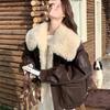 Lammwolle großer Reverskragen Kaffeefarbene Lederjacke Daunenjacke Damen Winter Neu Maillard Fell integrierter kurzer Mantel