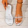 Rhinestone Plus Size Flats Women's Summer New Round Toe Pearl Sheer Belt Soft Sole Lightweight Flip Flops