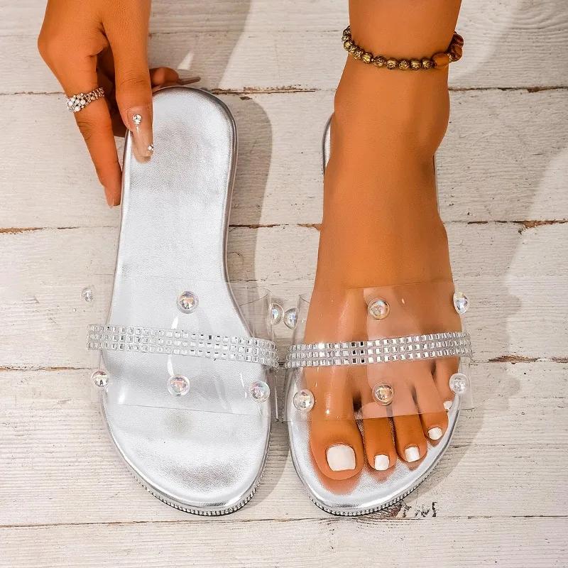 Rhinestone Plus Size Flats Women's Summer New Round Toe Pearl Sheer Belt Soft Sole Lightweight Flip Flops