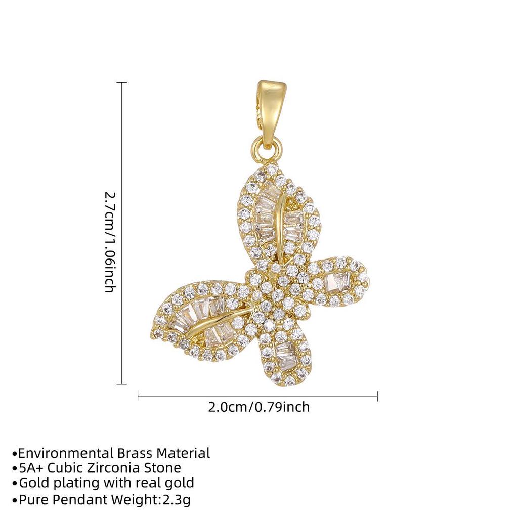 Colorful Zircon Butterfly Pendant - Gold-Plated Copper Charm with Diamond Detailing