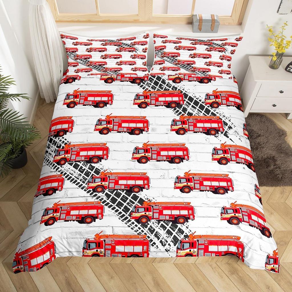 Cartoon Fire Engine Duvet Cover Full Queen King Red Car City Rescue Vehicles Bedding Set, Watercolor Flame Print Comforter Cover