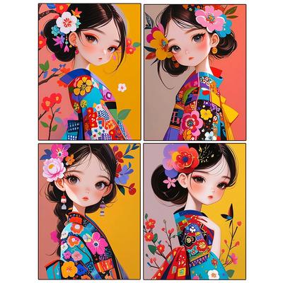 Nou Set Pictură cu Diamante DIY Handmade Cartoon 2024 Culoare Diamant Fată în Kimono Broderie în Cruce Desen Animat Mozaic Decor Acasă