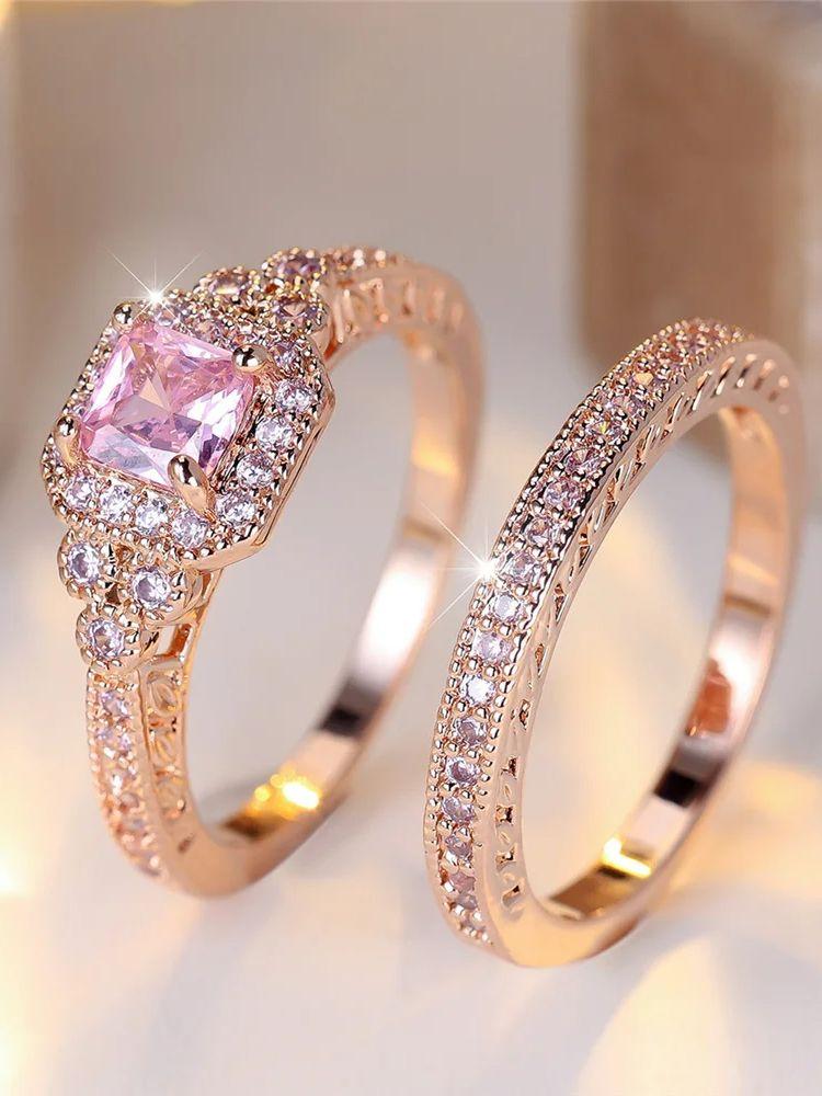 Кристаллическое Женское Кольцо с Розовым Квадратным Цирконом Набор Модное Винтажное Цвета Розового Золота Свадебное Помолвочное Для Женщин 5