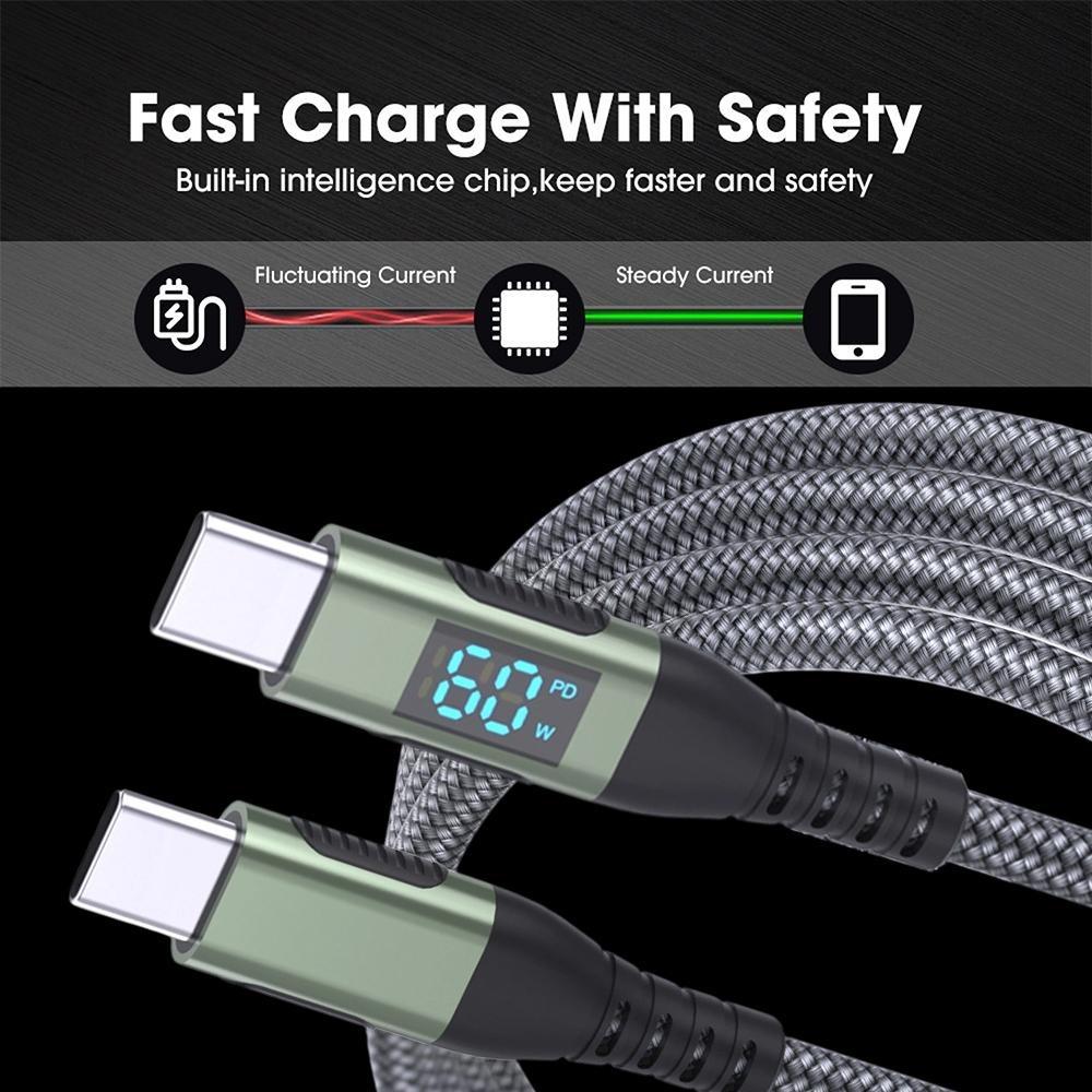 PD60W Dual Head Type-C LED Digital Display Super Fast Charger Data Transfer Braided Cord for Huawei Xiaomi Phone Charging Cable