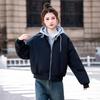 Fake two-piece hooded baseball jacket women's short loose pilot velvet cotton jacket autumn and winter casual top