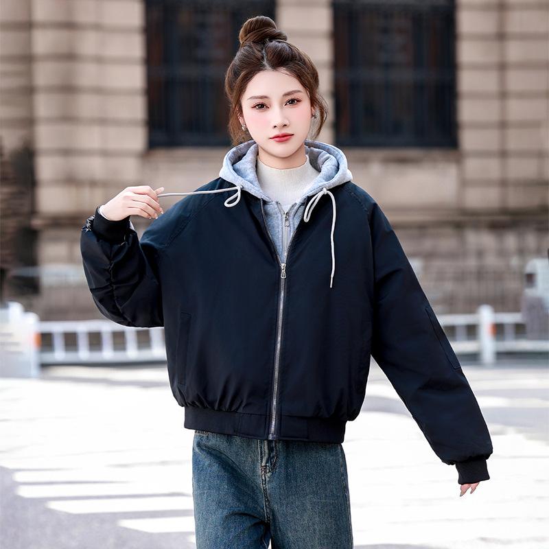 Fake two-piece hooded baseball jacket women's short loose pilot velvet cotton jacket autumn and winter casual top