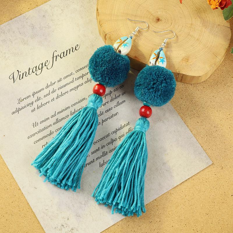 Bohemian retro pom-pom fringed earrings women's vacation long temperament niche personality earrings