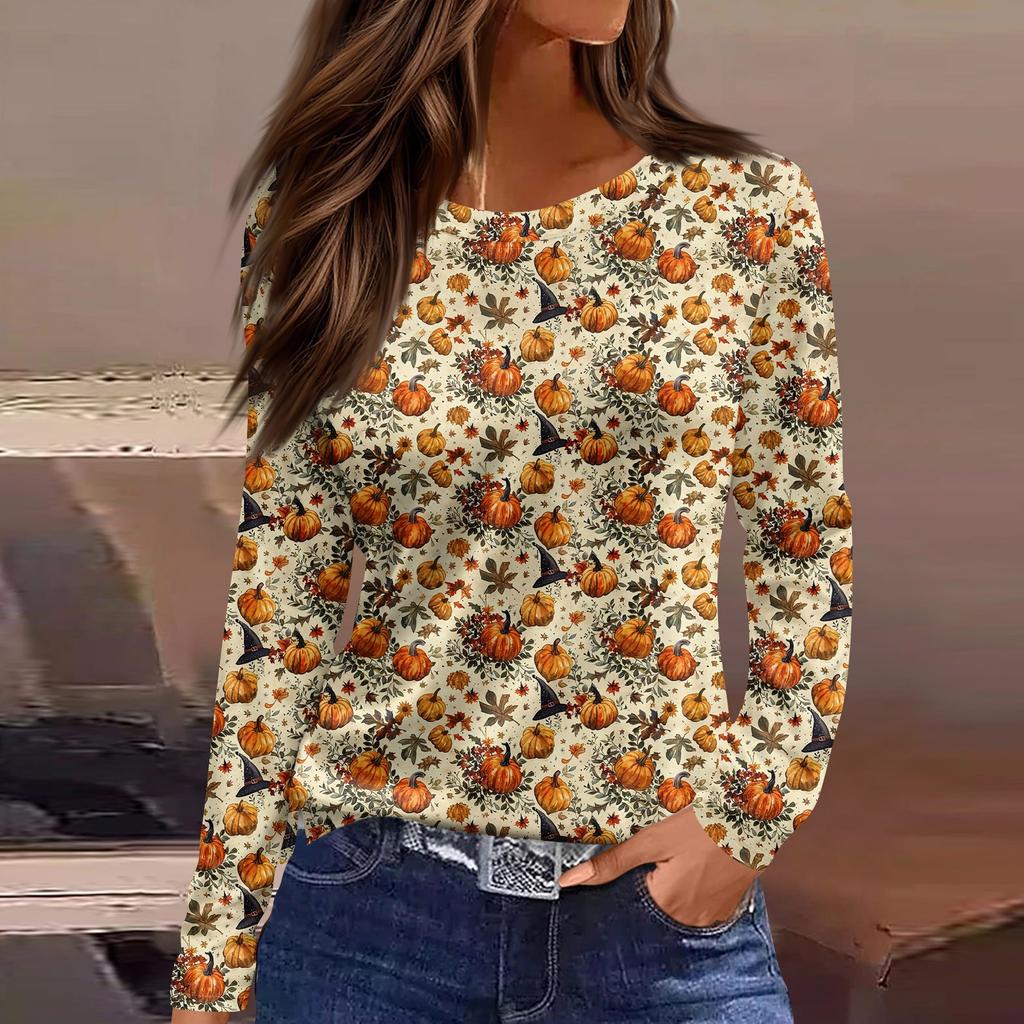 Women's Fashion Hem Slit Casual Halloween Printed Round Neck Long Sleeve Top