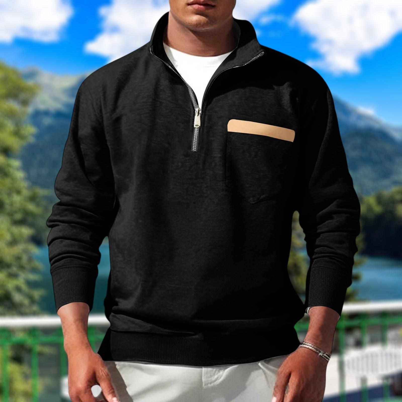 

Чоловічий верхній одяг, напівзастібка-стійка з флісом, міцний світшот з накладними кишенями XL чорний