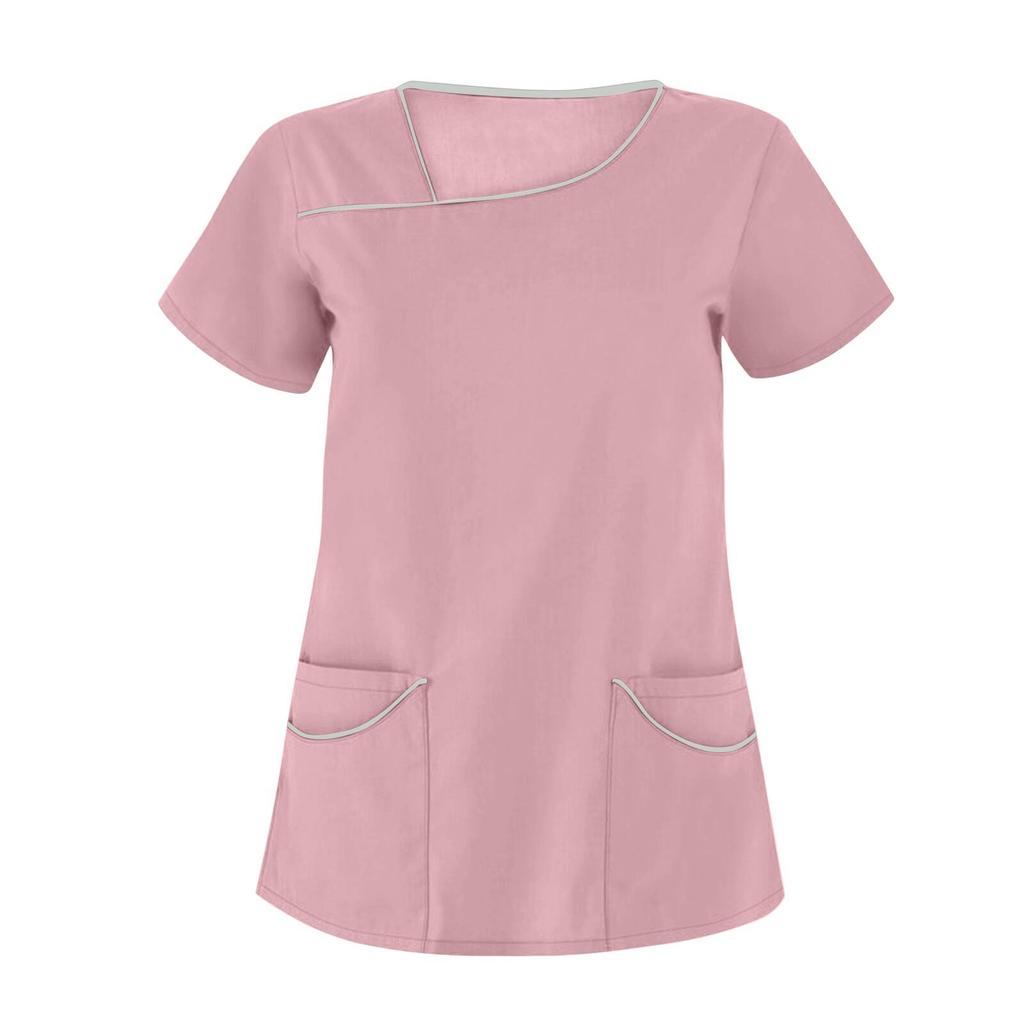 Women's Fashion Solid Short Sleeve Pattern Tops Pocket Working T-shirts