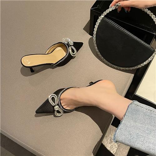 

Xia Liang slippers women s rhinestone bow high heels pointed half-tow middle heel shoes stiletto sandals single shoes 40