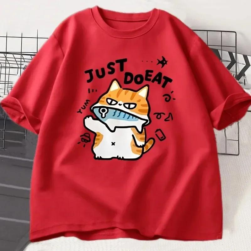 

Cute cartoon cat with fun printed patterns for daily casual summer short sleeved Harajuku street versatile Womens Tshirt S