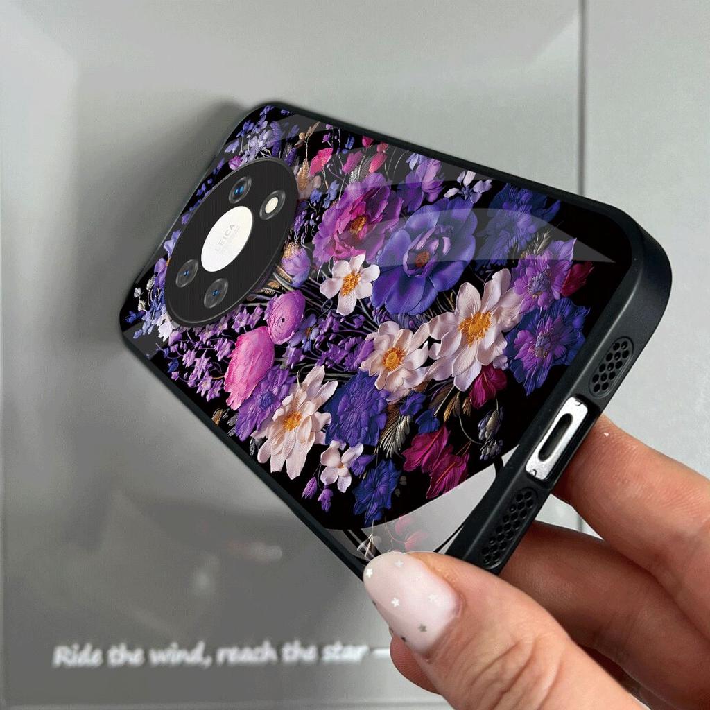 Shockproof Cover for HONOR X9 5G Vintage Oil Painting Purple Floral Phone Case, Glossy Acrylic Back TPU Bumper