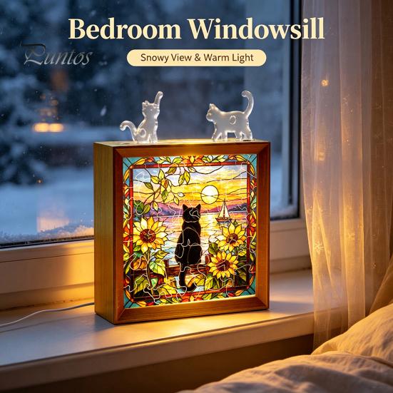 Wooden Photo Frame Base DIY Acrylic Cat Puzzles Night Light, Hand-Assembled Stained Glass Style Jigsaw Lamp with Personalized Handmade Presents Decor,