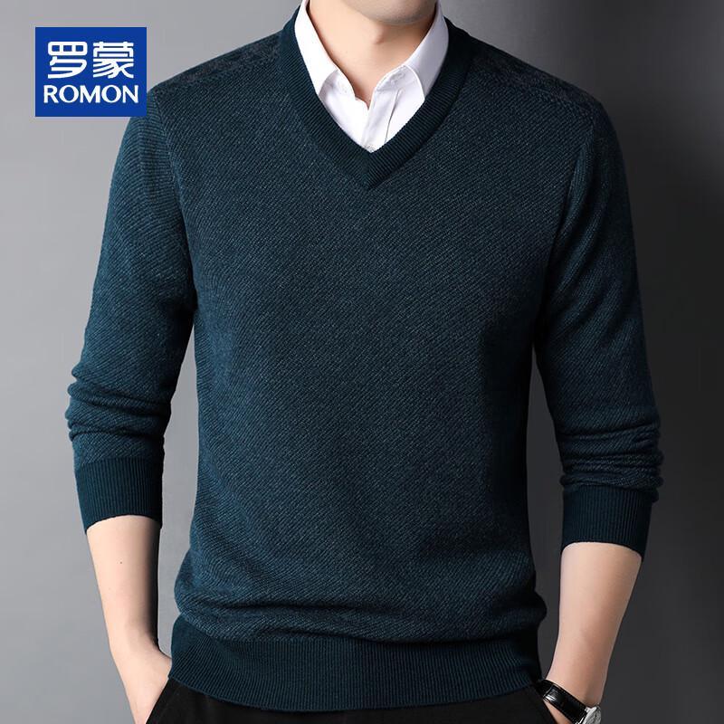 ROMON Men's 100% Pure Wool V-Neck Thickened Striped Knit Sweater