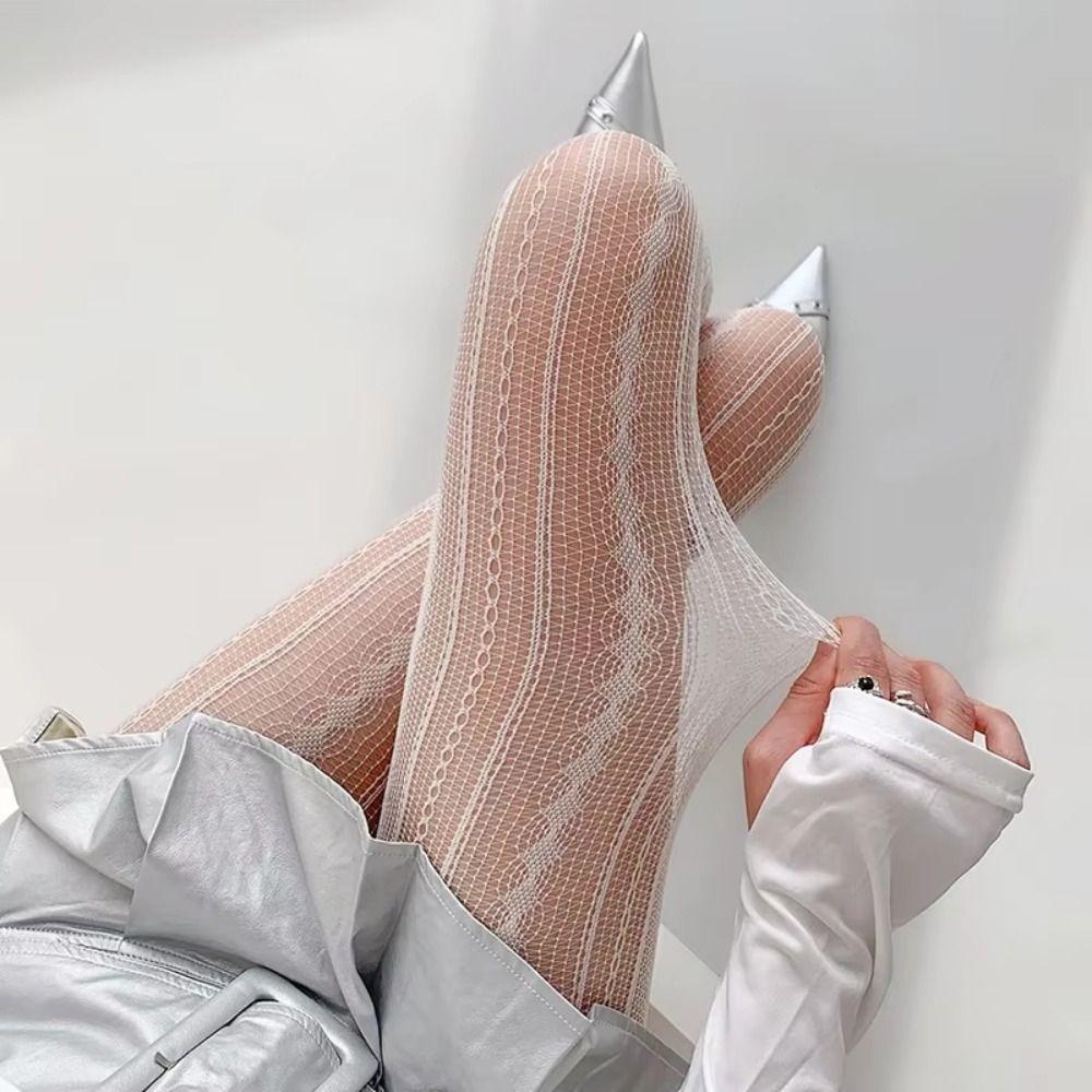 Sexy Hollowed Fishnet Pantyhose Elastic Striped Lace Tights Breathable Fishnet Stockings Lolita Wear
