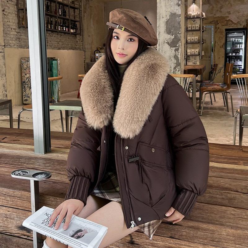 Winter fashion big fur collar cotton jacket women's short simple loose version thickened bread jacket
