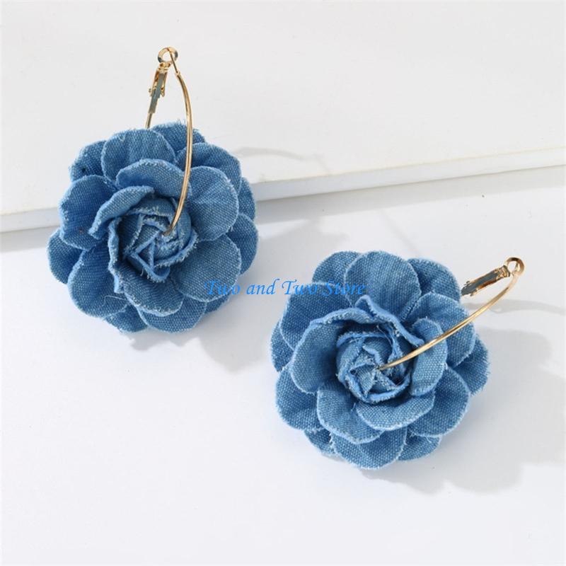 HX6F Handmade Camellia Flower Earrings Lightweight Blue Floral Long Eardrop Accessory