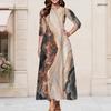Women Plus Size Keyhole Neck 3 4 Sleeve Blue Green Abstract Print Long Maxi Dress