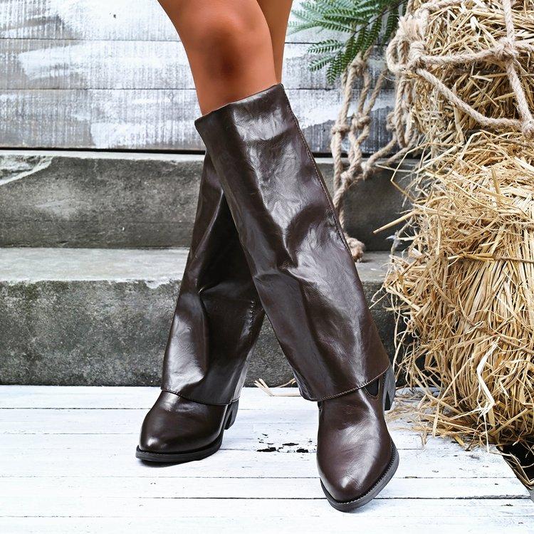 

Модные винтажные джинсовые странствующие ботинки женские 2025 осень острый носок средний каблук слипоны ботфорты до колена сексуальная дизайнерская женская обувь 42 коричневый