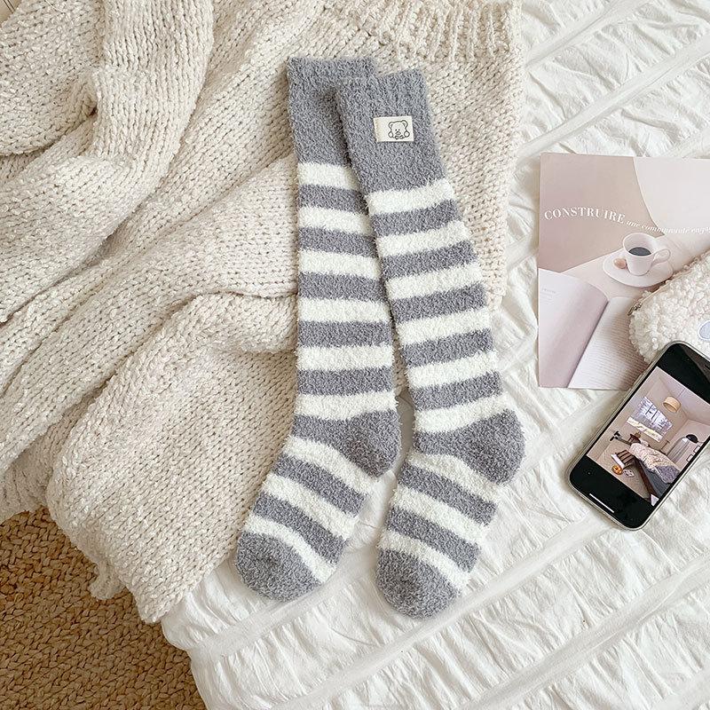 Coral fleece calf socks women's winter thickened thermal floor socks bear cloth label striped stockings sleep socks