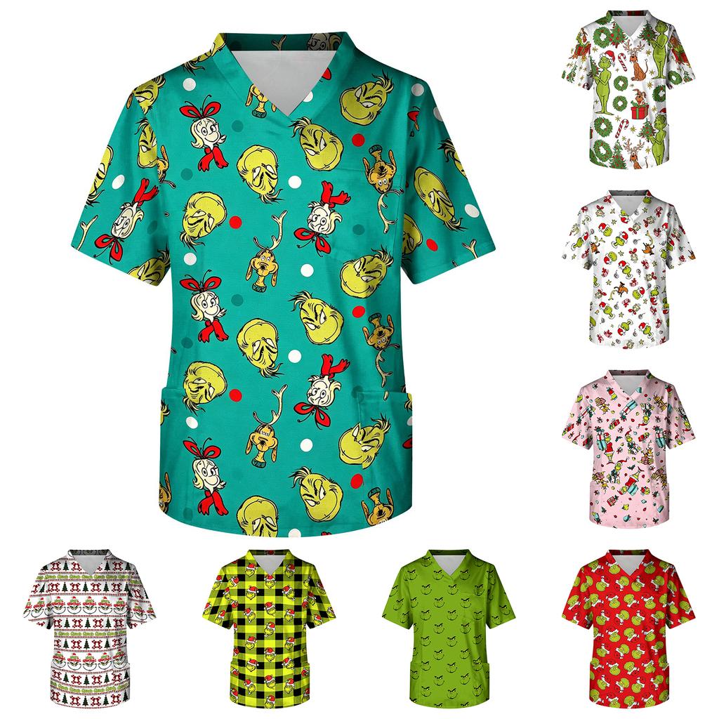 Men's Short Sleeve V-Neck Christmas Print Uniform Top with Chest Pocket