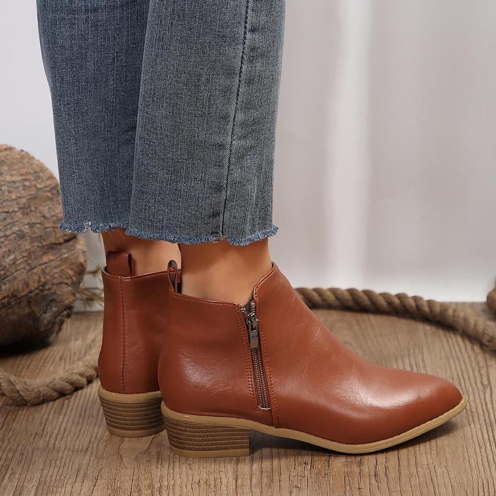 Large Size Casual Short Tube Square Thick Bottomed Snow Boots Autumn Winter PU Martin Boots Side Zipper Shoes 36-43