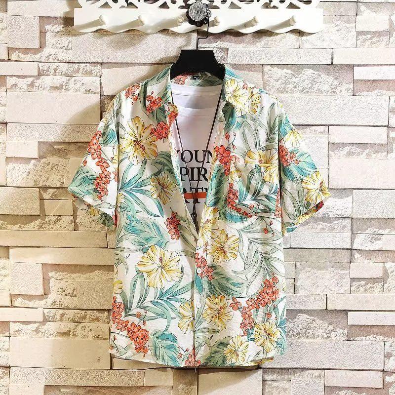 Men's Floral Summer Beach Shirt - Japanese Streetwear, Versatile, Breathable, Loose Fit, Hong Kong Style.