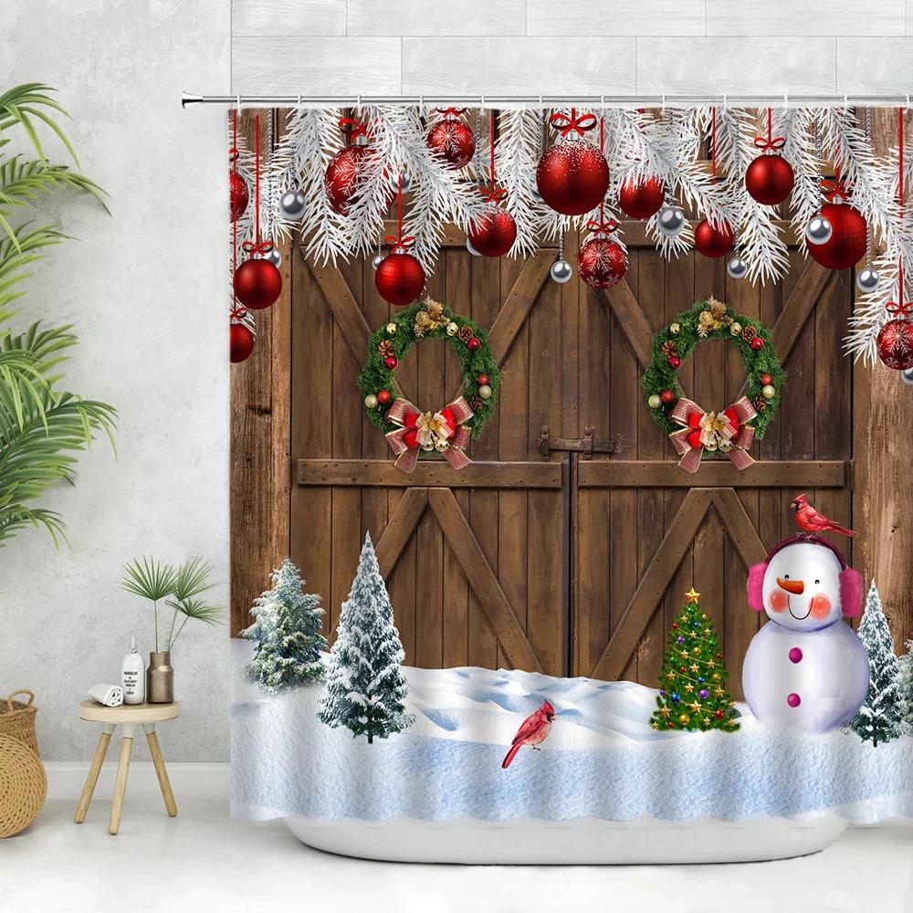 

Christmas Background Shower Curtain Fabric Fireplace New Year Christmas Eve Kid Photography Cloth Bathroom Decor Accessory Sets 90x180cm-35x70in