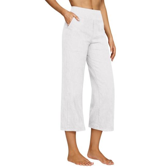 Women Cropped Pants High Waisted Straight Wide Leg Casual Pants with Pockets Loose Fit Vacation Office Trousers