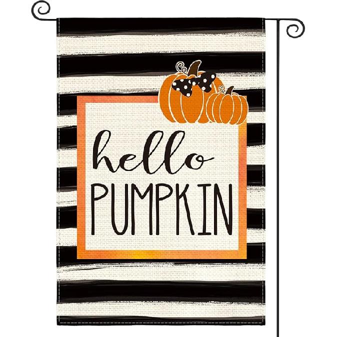 AVOIN colorlife Hello Pumpkin Fall Garden Flag 12 x 18 Inch Watercolor Stripes Double Sided, Autumn Seasonal Rustic Yard Outdoor Decoration