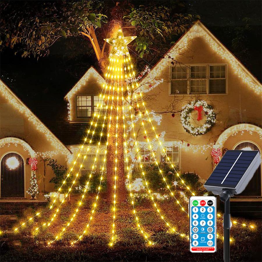 3M 9 Strands Outdoor Solar Star Icicle Ight 288 LED Solar Waterfall Star String Light Waterproof Solar Waterfall Tree Light