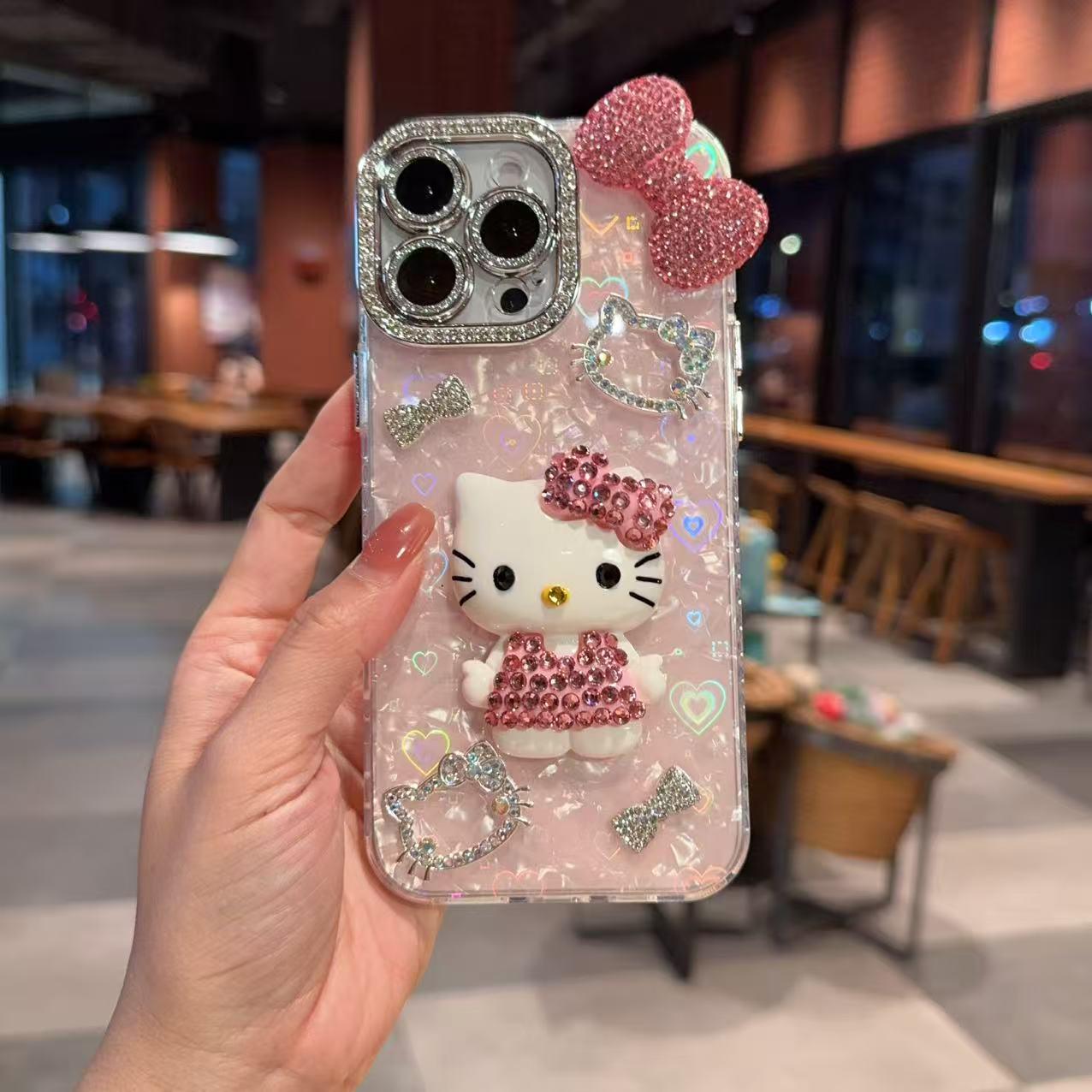 

3D Diamond Shell Pattern Phone Case for iPhone 13/15/16 Pro Max - KT Cat Design 13 Pro