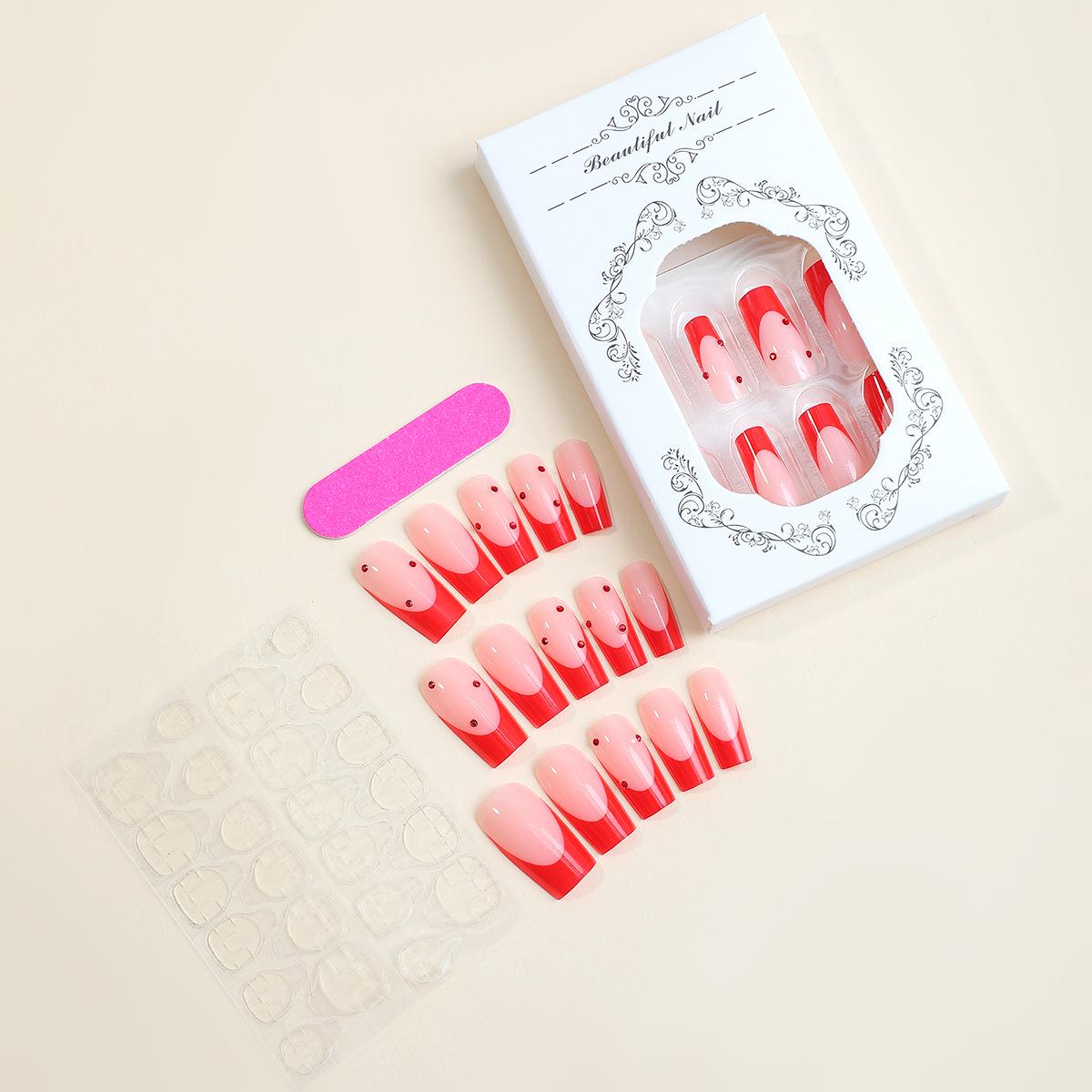 

Long Red Rhinestone Wearable Nails - Reusable Simple False Nail Art