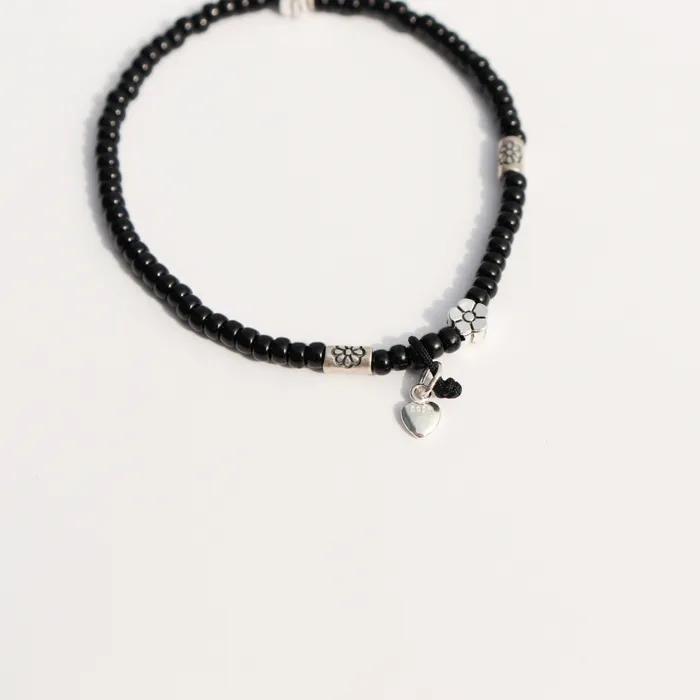 Silver Flower Charms Black Beads Bracelet