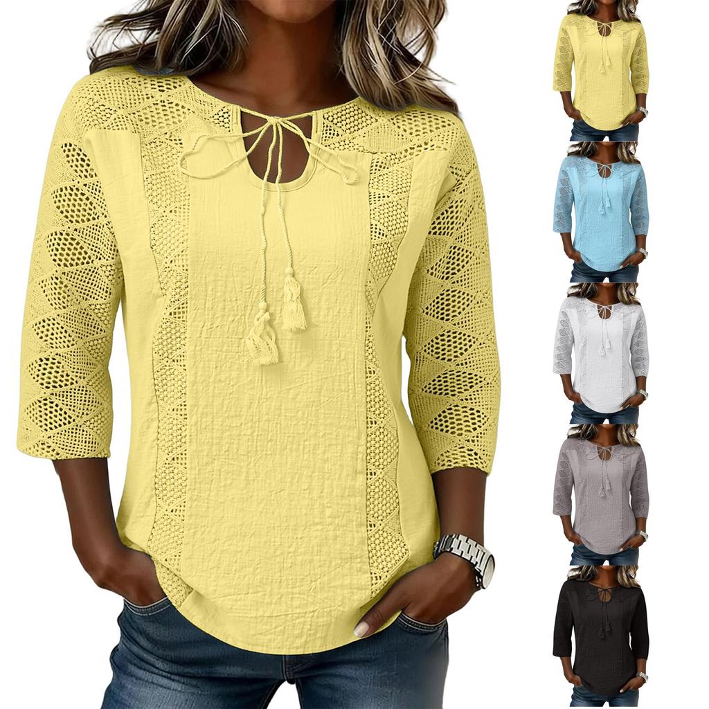 Womens Spring Tops Lace Patchwork 34 Sleeve Summer Shirts for Women Casual Loose Womens Summer Shirts Blouse